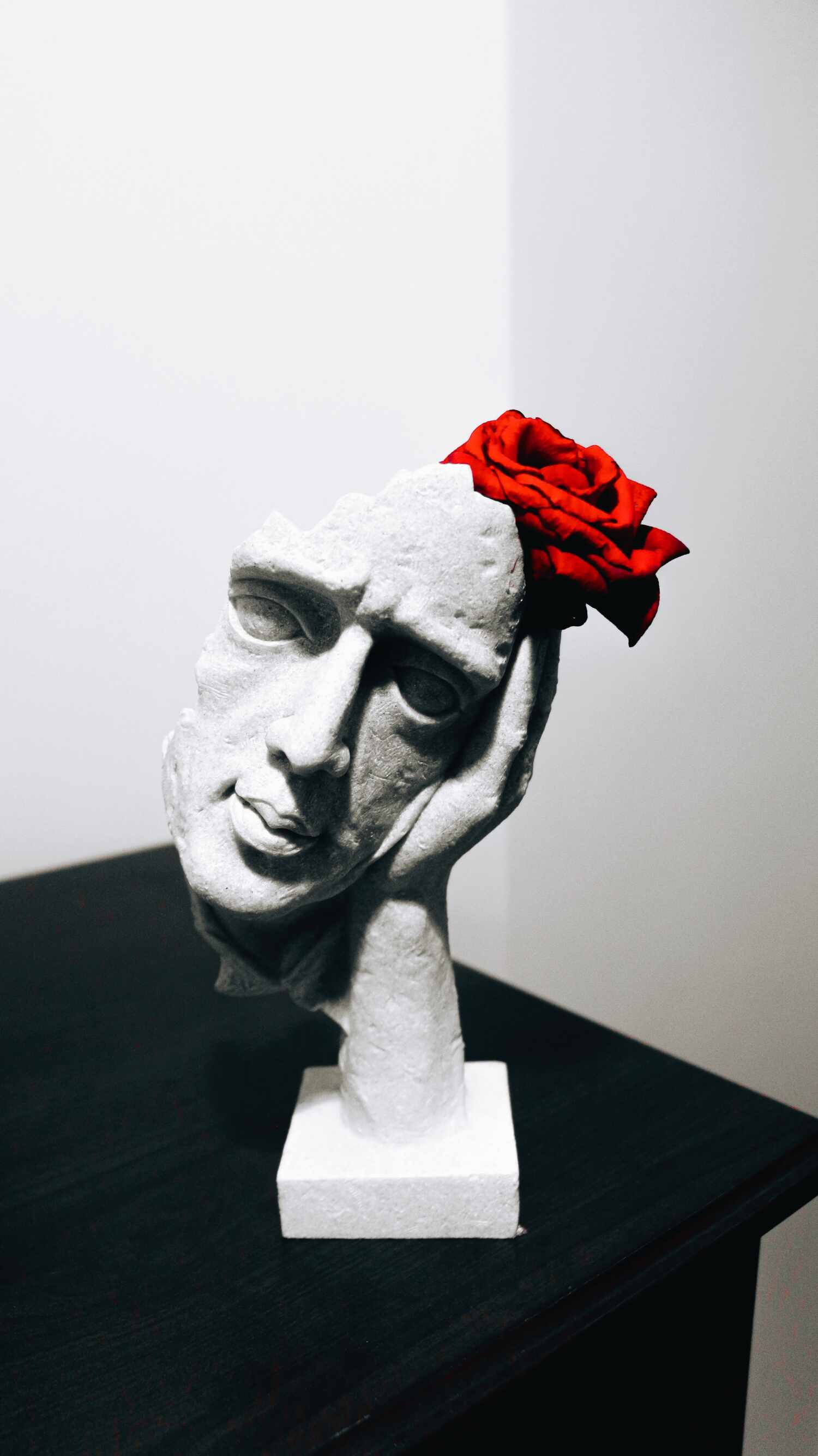 A broken pale sculpture of a figure resting it's head on its left hand with a red rose perched just above, resting on the top